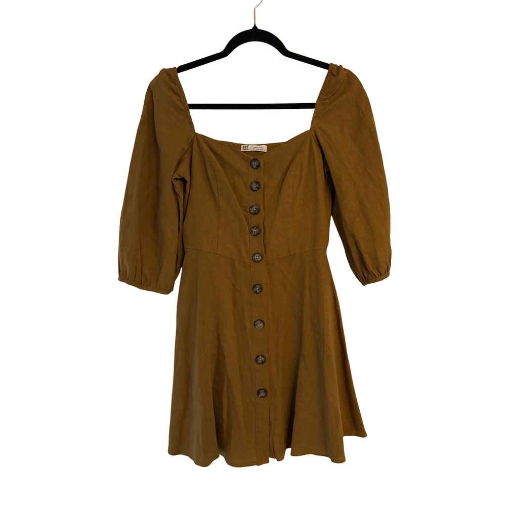 Zara TRF Brown Linen Blend Puff Sleeve Button Down Mini Dress Small